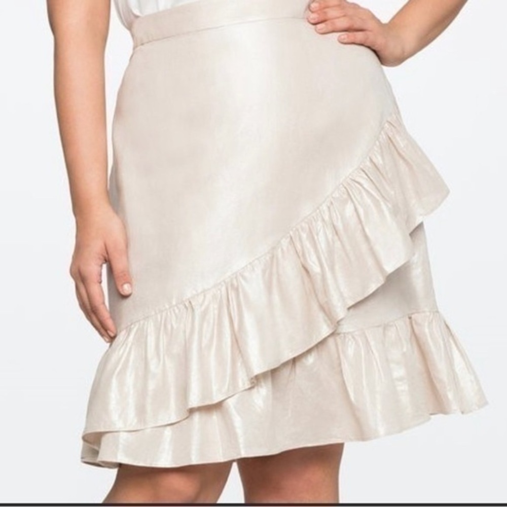 Eloquii Champagne Gold Asymmetric Ruffle Linen Blend  Flounce Skirt